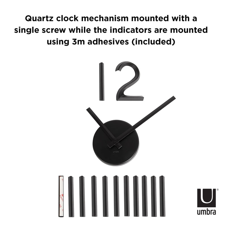 Umbra 1005400-040 Blink Wall Clock Black - Easy to Paste Wall Sticker Numbers, Frameless Large Decorative Wall Clock, Simple Indicators, Minimalist, Black,39.25 Inch L x 39.25 Inch W x 1.38 Inch H