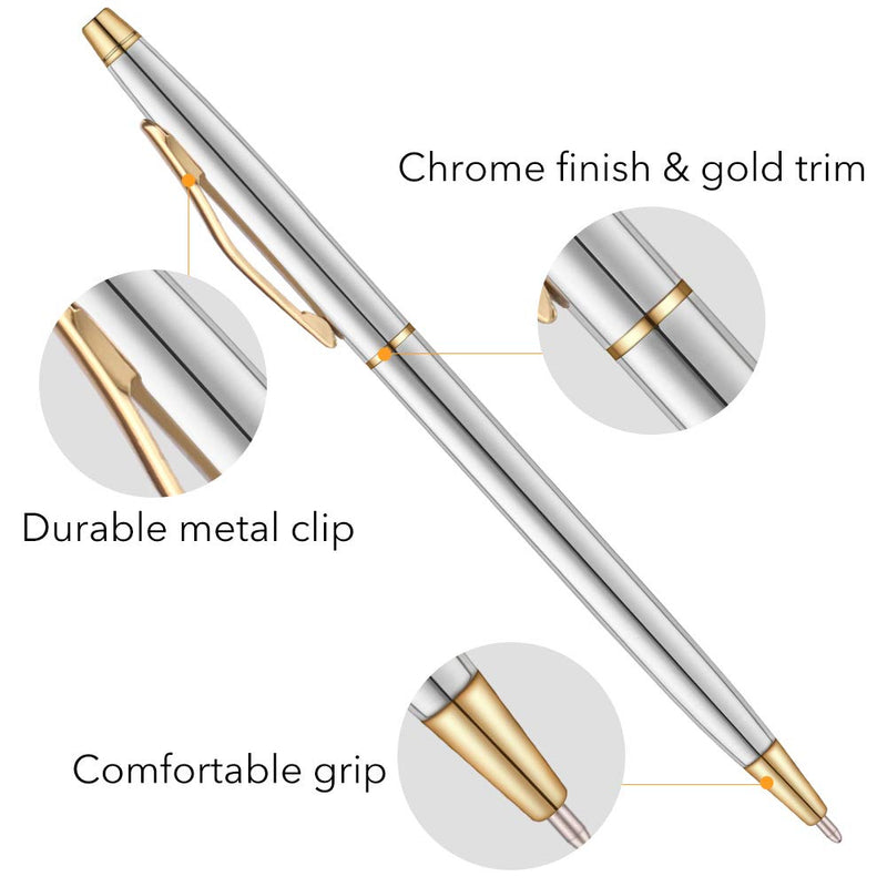 Unibene Slim Stainless Steel Retractable Ballpoint Pens - Steel & Gold, Nice Gift for Business Office Students Teachers Wedding Christmas, Medium Point(1 mm) 6 Pack-Black ink Stainless Steel & Gold