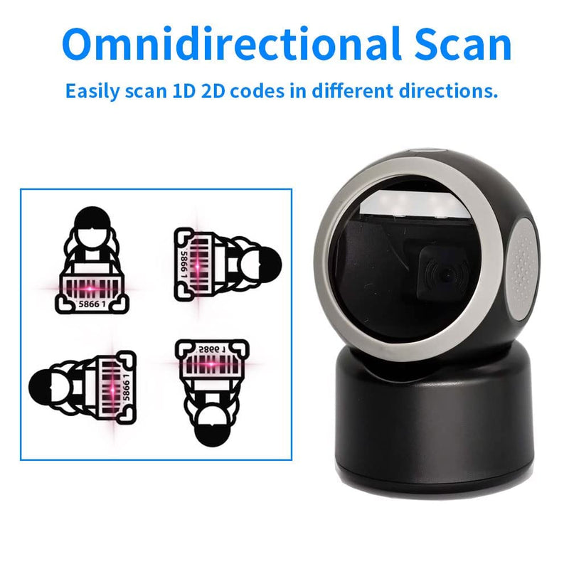 Alacrity 2D 1D QR Desktop Barcode Scanner, Omnidirectional Hands Free USB Wired Barcode Reader, Capture Codes on Screen, 3300DW, Black