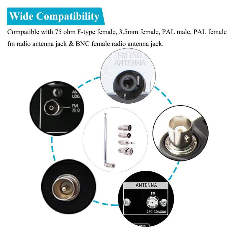 Fancasee FM Antenna Telescopic 75 Ohm Screw F Male Plug Antenna with PAL BNC 3.5mm Jack Connector Adapter FM Radio Antenna for AV Stereo Receiver Home Theater Amplifier System Indoor Outdoor