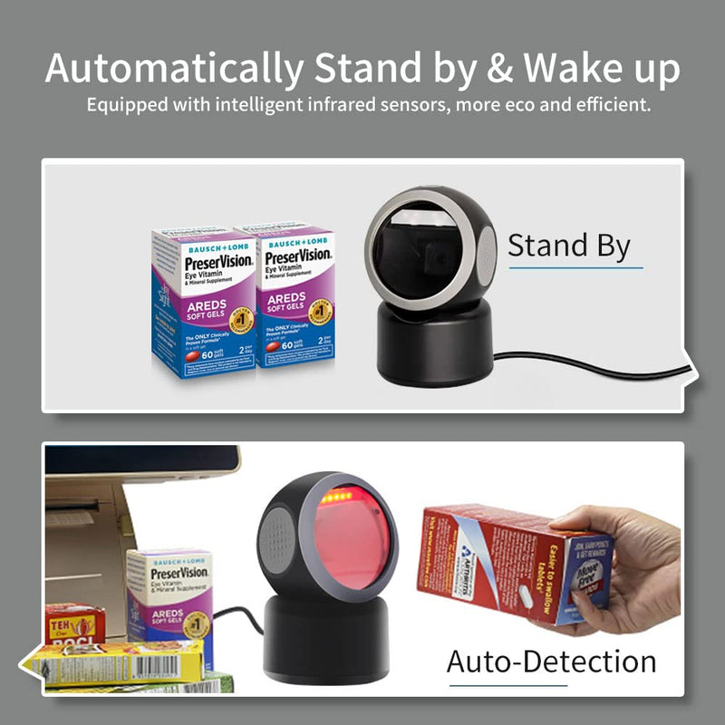 Alacrity 2D 1D QR Desktop Barcode Scanner, Omnidirectional Hands Free USB Wired Barcode Reader, Capture Codes on Screen, 3300DW, Black