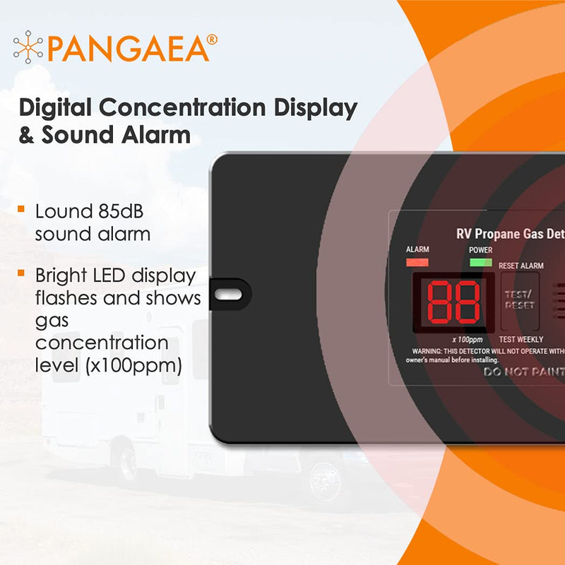 PANGAEA Digital RV Propane Gas Detector with 85dB Loud Alarm, DC 12V, for Trailer, Motorhome, Motorcoach (Flush Mount - Black) Flush Mount - Black