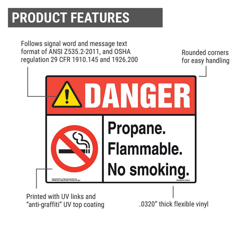 Danger: Propane Flammable, No Smoking Sign - J. J. Keller & Associates - 14" x 10" Permanent Self Adhesive Vinyl w/Rounded Corners - Complies with ANSI Z535.2-2011 and OSHA 29 CFR 1910.145, 1926.200