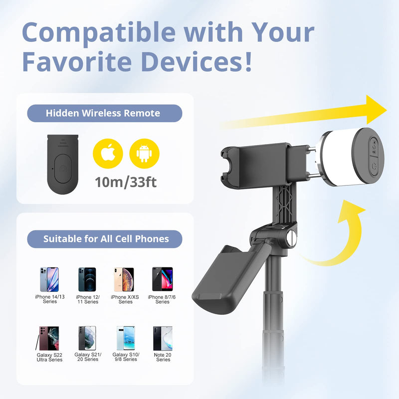 Sensyne Selfie Stick with Light, Phone Tripod with 360° Rotatable Handle Compatible with Cellphones for Selfies/Photography/Video Calls/Live Stream/Content Creating (Black) Black