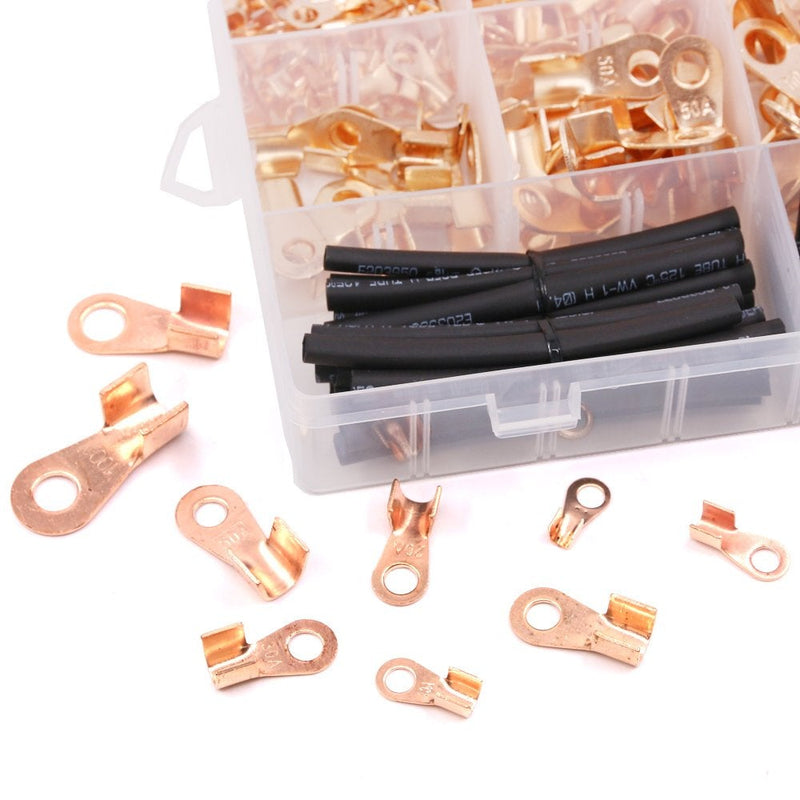 Hilitchi 245-Pcs Open Barrel Wire Crimp Copper Ring Lugs Terminal Connector with 2:1 Heat Shrink Tubing Assortment Kit - OT 5A 10A 20A 30A 40A 50A 60A 100A