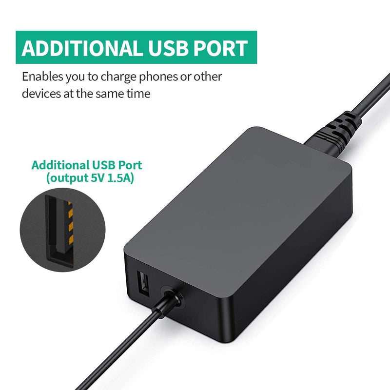 Surface Pro Charger 44W 15V 2.58A Power Supply Compatible Microsoft Surface Pro 7 Pro 6 Pro 5 Pro 4 Pro 3 Surface Laptop1/2/3 Surface Go1/2 Surface Book 1/2 with 5V USB Charging Port