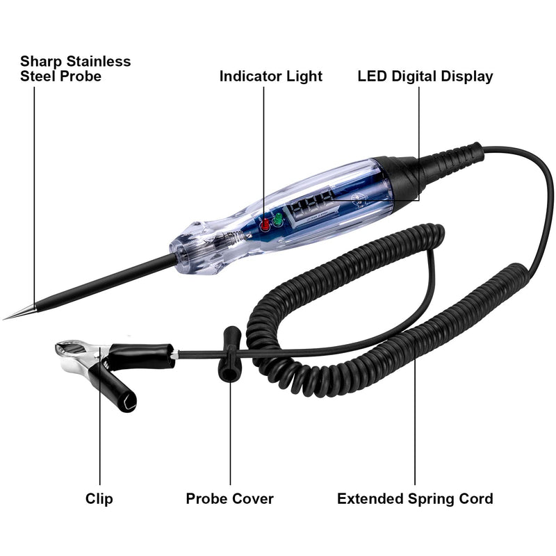 Automotive Circuit Tester DC 3V-60V Digital LED Test Light with Portable PU Extended Spring Wire, Auto Bidirectional Voltage Tester Electric Test Pen with Voltmeter