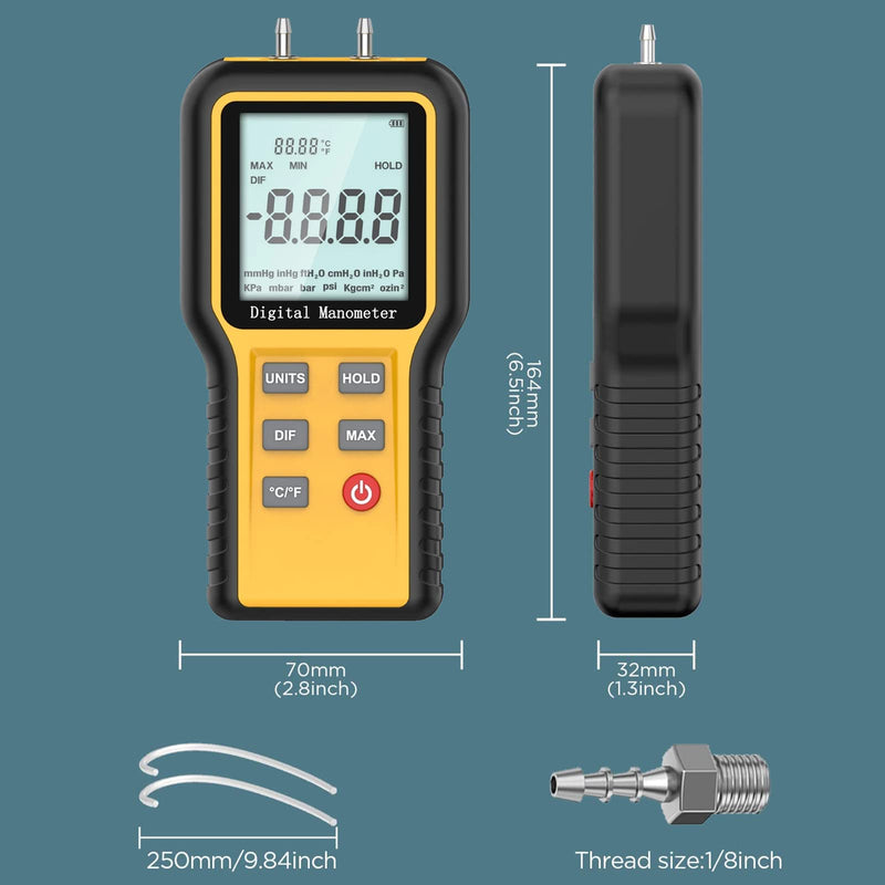 Manometer, Professional Air Pressure Gauge, Handheld HVAC Manometer 12 Selectable Units Differential Pressure Display, Dual Port Manometer Gas Pressure Tester with Backlight (Battery Included) Yellow