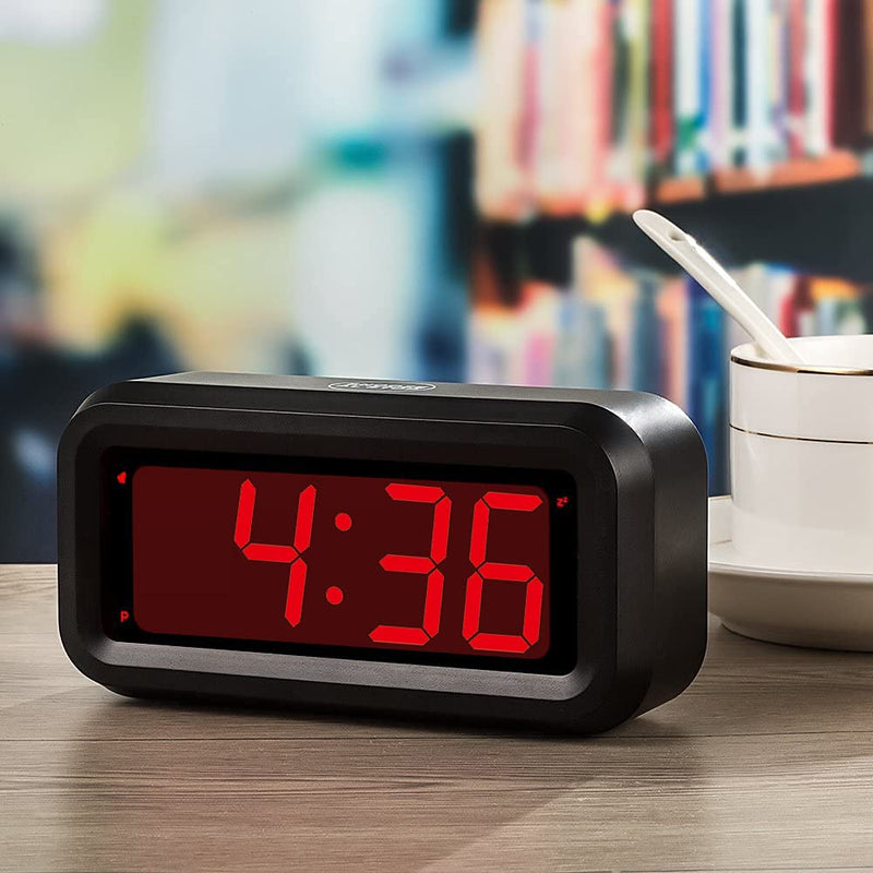 KWANWA Alarm Wall Small Clock, Battery Operated, Adjustable 3-Level Led Brightness, Dim Night Model, 12/24Hr, Cordless, Constantly 1.2'' Red Digits Display for Bedroom/Travel Black Case-red Led