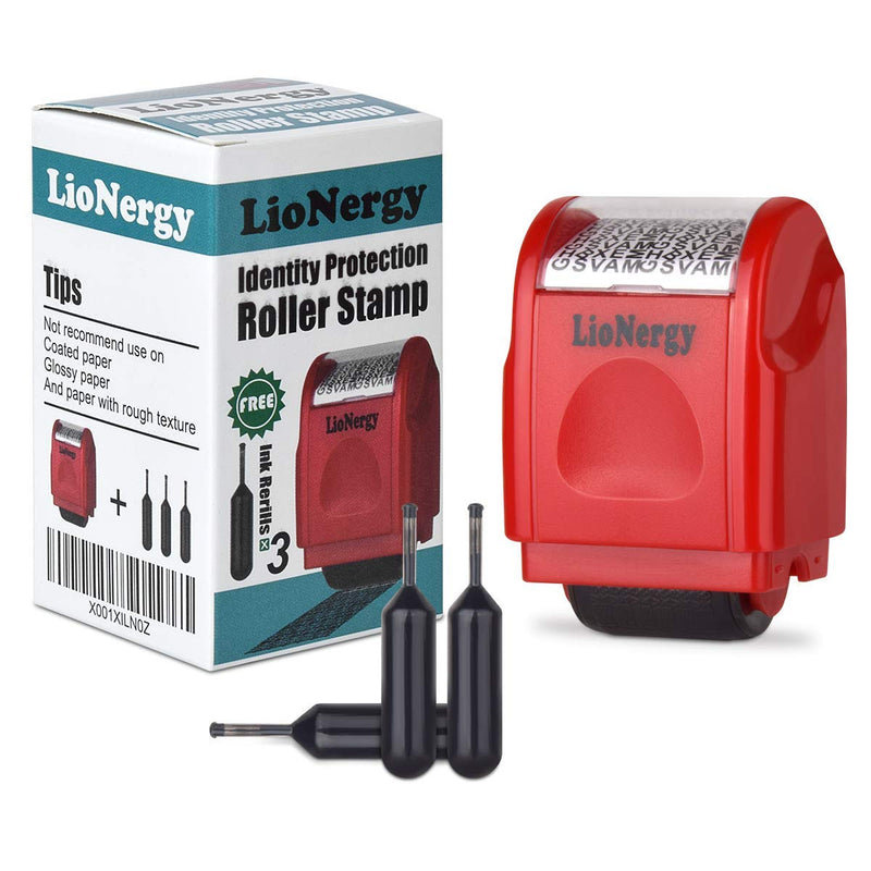 Identity Protection Roller Stamp LioNergy Wide Roller Identity Theft Prevention Security Stamp (Red Roller Stamp with 3 Refills)