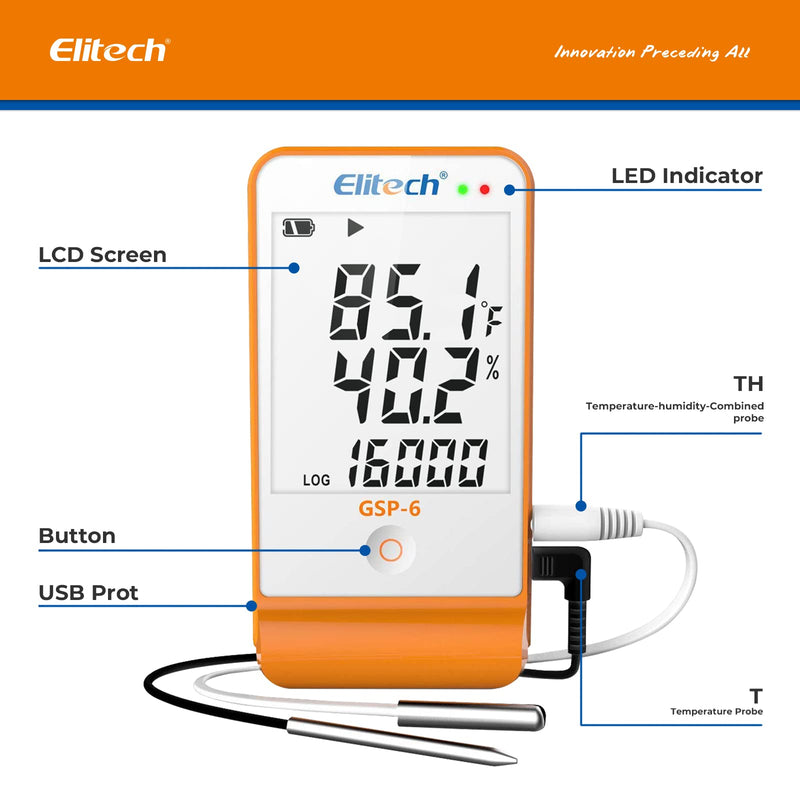 Elitech GSP-6 Temperature Data Logger Temperature Humidity Data Logger 16000 Points Recording Capacity Detector, Free Software Data Export