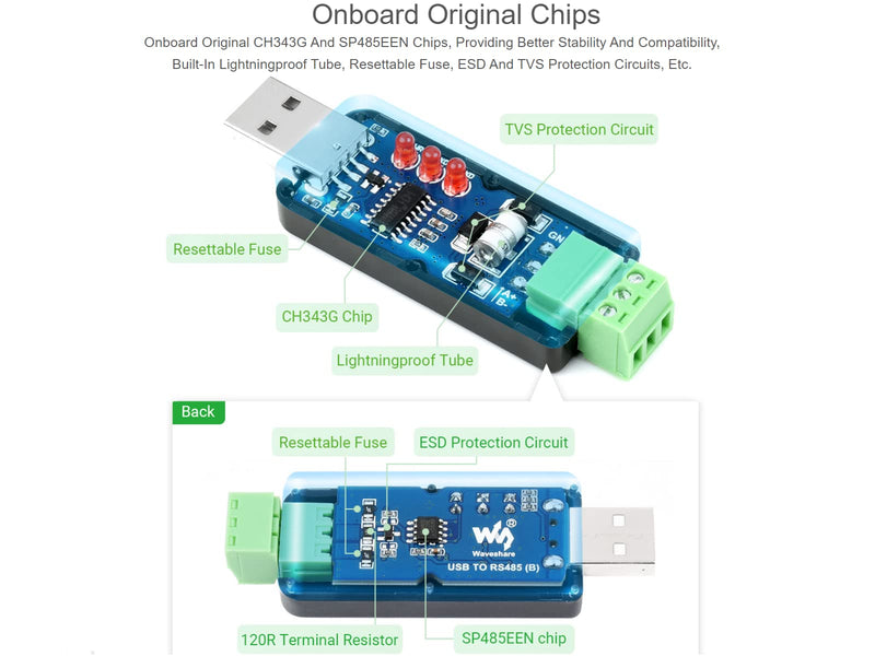 Waveshare Industrial USB to RS485 Converter with original CH343G and SP485EEN 300bps ~ 3Mbps Baudrate Built-In Lightningproof Tube,Resettable Fuse, ESD and TVS Protection Circuits