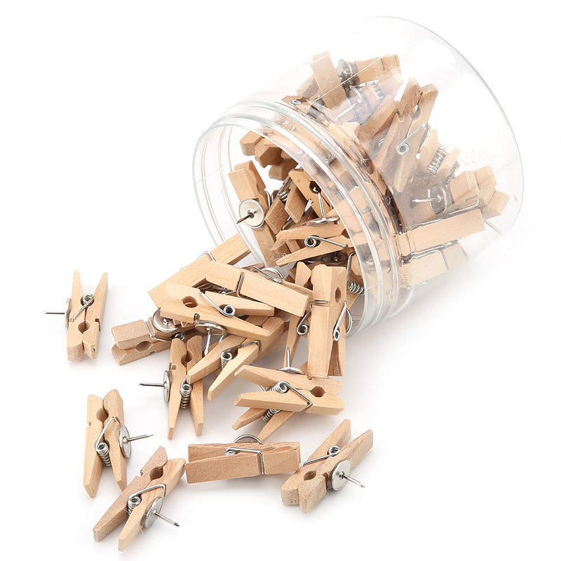 50pcs Push Pin Clip with Wooden Clips Pushpins Tacks Thumbtacks Wood Clothespins Craft Pegs Clips for Cork Boards Notes Photos