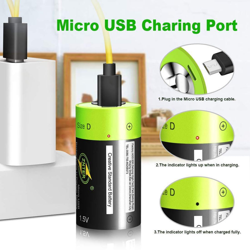 D Cell Batteries - USB Rechargeable Lithium D Batteries - 1.5V / 4000mAh (2-Pack) - Not NI-MH/NI-CD/Alkaline Batteries - ECO-Friendly & Recyclable - No Memory Effect D Cell 2 Pack