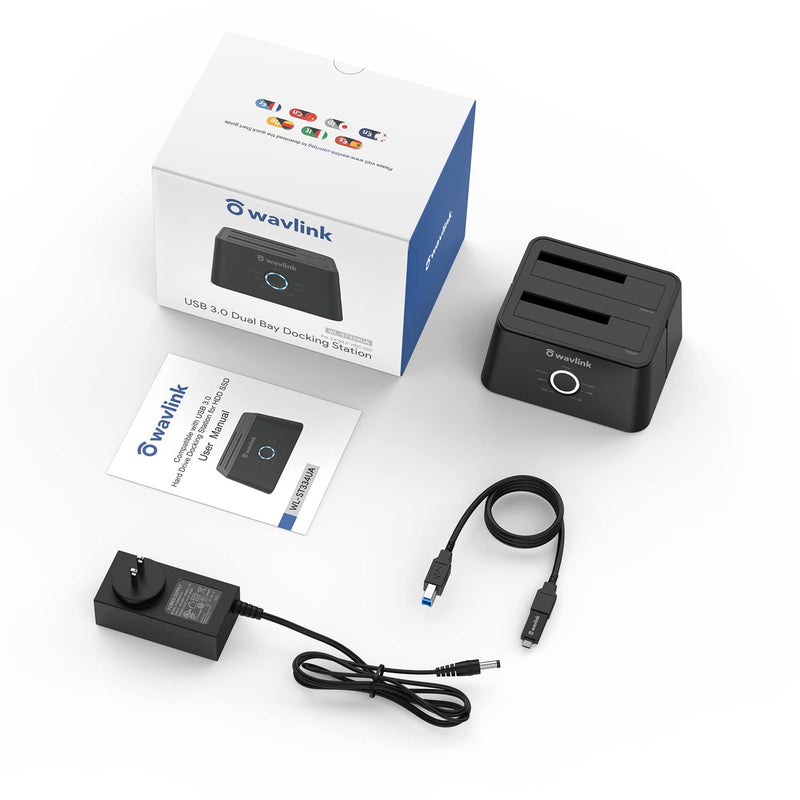 WAVLINK USB 3.0 to SATA I/II/III Dual-Bay External Hard Drive Docking Station for 2.5/3.5 Inch HDD/SSD with UASP (6Gbps), Support Offline Clone Duplicator and Auto Sleep Function [12TB X2 ]-Black SATA HDD Dock