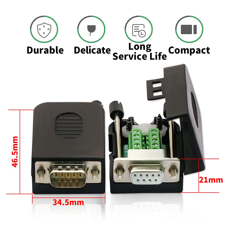 DaFuRui(2-Male+2-Female) DB9 Solderless RS232 D-SUB Serial to 9pin Port Terminal Male Female Adapter Connector Breakout Board with Case Long Bolts Tail Pipe 2Female+2Male
