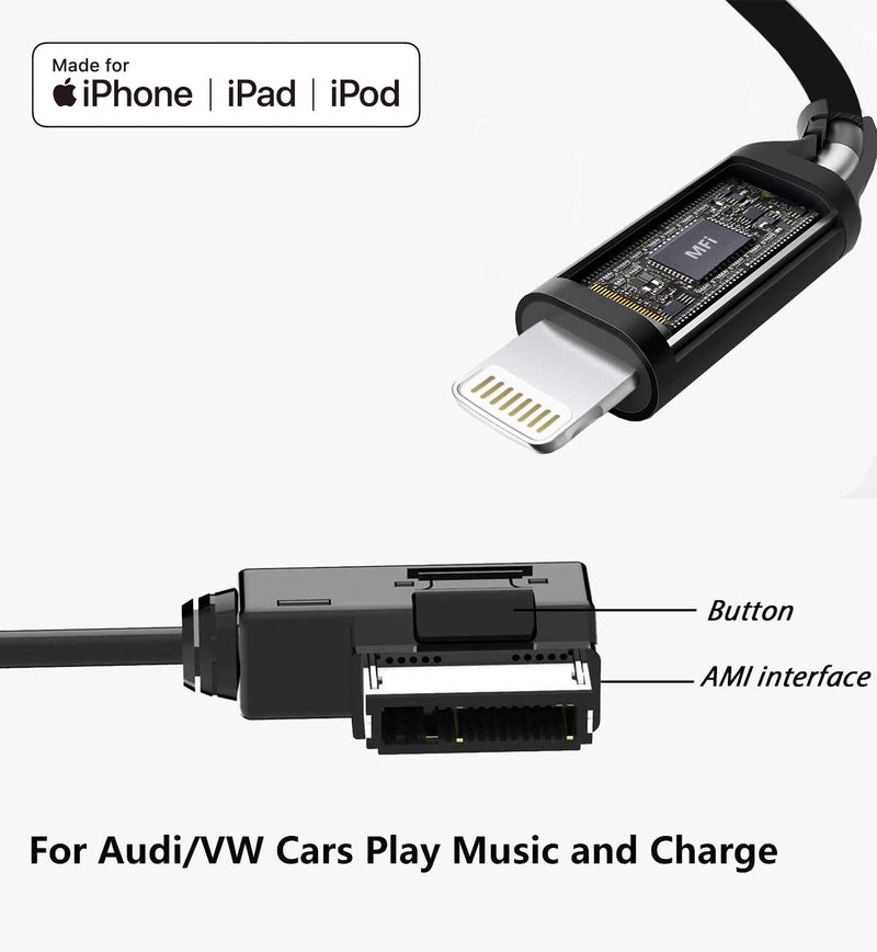 AMI MMI Aux Cable for Apple iPhone 14 13 12 11 XS XR X 8 7 6 Compatible with Audi A3/A4/A5/A6/A7/A8/S4/S6/S8/Q5/Q7/R8/TT, Car Aux Interface Dongle Compatible for VW CC Magotan Black