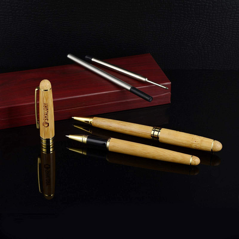 SHALORY Bamboo Wooden Pen Set - 1 Ballpoint Pen Medium Point & 1 Rollerball Pen Fine Point - Smooth Writing Flow Gift Pen with Extra 2 Refills, Black Ink Bamboo Wood Writing Pen Set 0.7/1.0mm