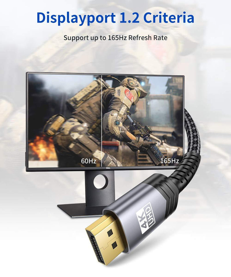 DisplayPort to DisplayPort Cable 10ft/3M, JSAUX 1.2 DP Cable [4K@60Hz, 2K@165Hz, 2K@144Hz] Gold-Plated Braided Ultra High Speed DisplayPort Cord for Laptop PC TV etc- Gaming Monitor DP Cable-Grey 3M Grey