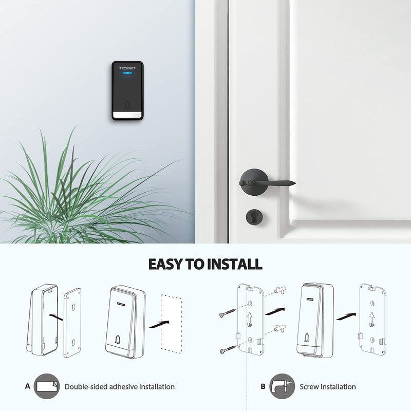 TECKNET Wireless Doorbell, Self-Powered Doorbell No Battery Required Push Button Plug-through Waterproof Cordless Door Chime, up to 1300ft Range with 32 Chimes, 5-Level Volume& LED Light (Black) Black