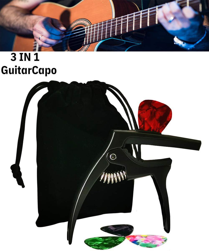 Guitar Capo,TANMUS 3in1 Zinc Metal Capo for Acoustic and Electric Guitars (with Pick Holder and 4Picks)ï¼ŒUkuleleï¼ŒMandolinï¼ŒBanjoï¼ŒClassical Guitar Accessories Black