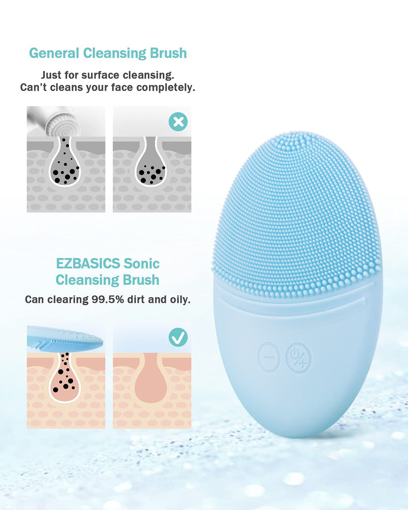 EZBASICS Facial Cleansing Brush, Waterproof Sonic Vibrating Face Brush for Deep Cleansing, Gentle Exfoliating and Massaging, Inductive charging (Blue) blue