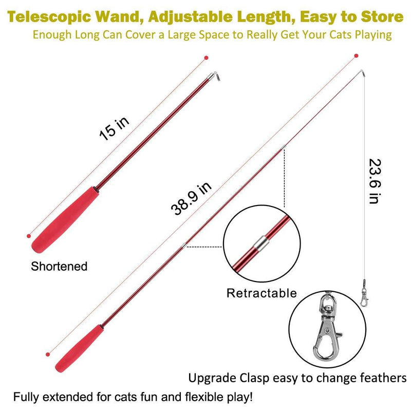 MeoHui Interactive Cat Feather Toys, 2PCS Retractable Cat Wand Toy and 9PCS Squiggly Worm Feathers Teaser Refills, Cat Toys for Indoor Cats Kitten Play Chase Exercise Basic