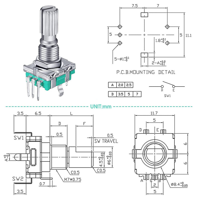 RUNCCI-YUN 10 Set EC11 360 Degree Rotary Encoder, 5-Pin EC11 Audio Digital Potentiometer, Rotary Encoder Module with Switch and Rotary Knob for Automotive Electronics Multimedia Audio EC11 360 Degree & Rotary Angle Encoder