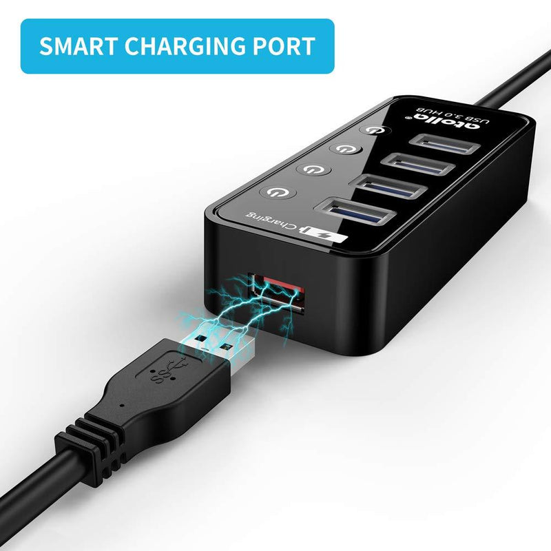 USB 3.0 Hub, atolla 4 Ports Super Speed USB 3 Hub Splitter with On Off Switch with 1 USB Charging Port (Cable Length 2 Feet, No AC Adapter) (4-Port hub)