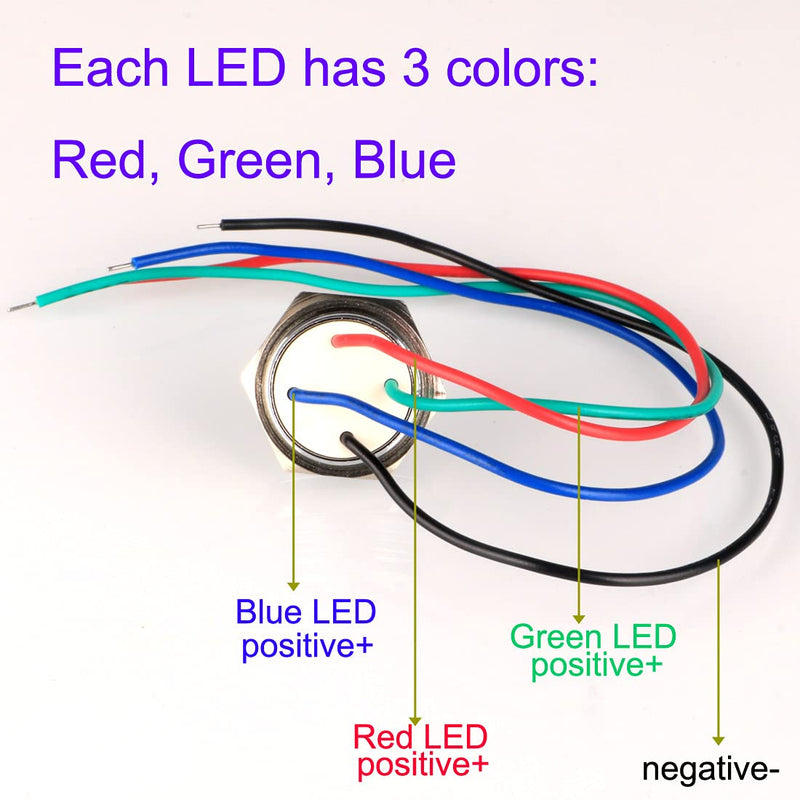 GUUZI 4pcs 12V-24V RGB Triple (Red Green Blue) Metal LED Indicator Light 16mm Waterproof Signal Lamp with Cable Red/Blue/Green-16mm