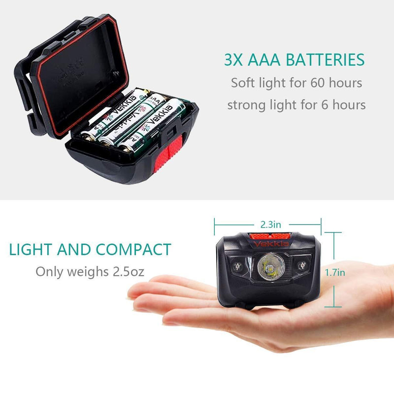 VEKKIA Ultra Bright LED Headlamp - 5 Lighting Modes, White & Red LEDs, Adjustable Strap, IPX6 Water Resistant. Great For Running, Camping, Hiking & More. Batteries Included