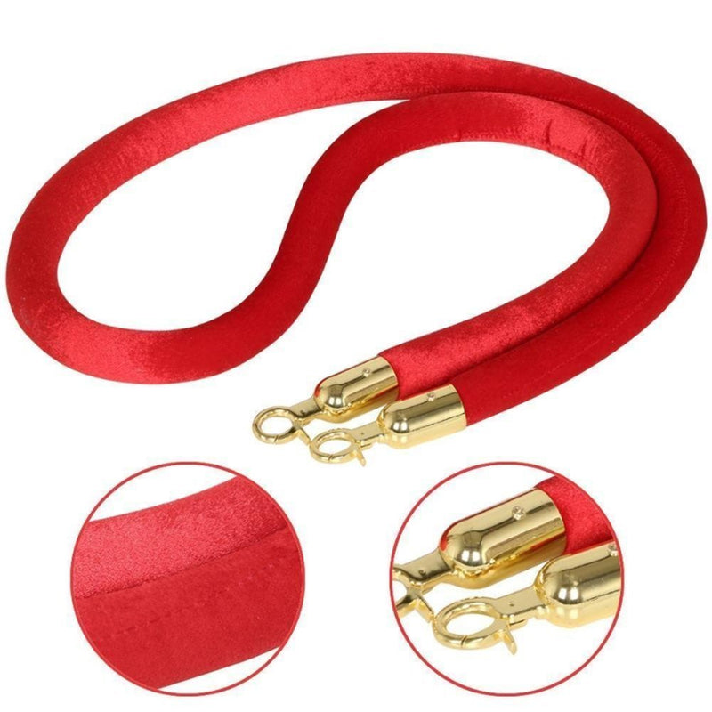 Red Velvet Stanchion Rope Crowd Control Rope Barrier with Gold Color Plated Hooks, 5 Feet