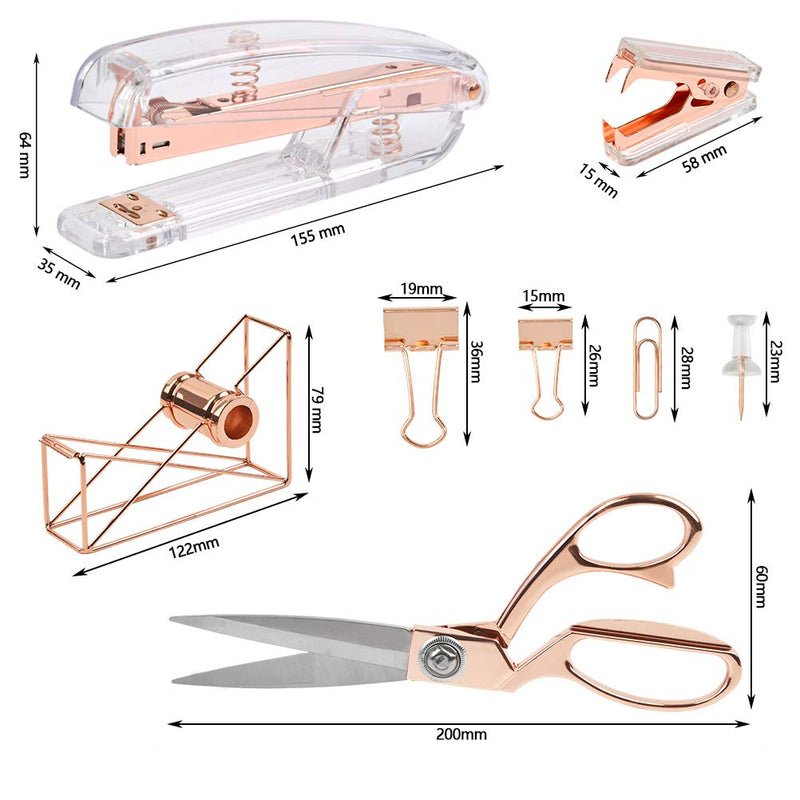 YOTINO Rose Gold Desk Accessory Kit Stapler Bundle,Stapler and Paper Clips,Scissors,Tape Dispenser, with 1000 PCS Rose Gold Staples,22 pcs Binder Clips