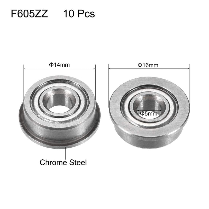 uxcell F605ZZ Flanged Ball Bearing 5x14x5mm Double Metal Shielded (GCr15) Chrome Steel Bearings 10pcs