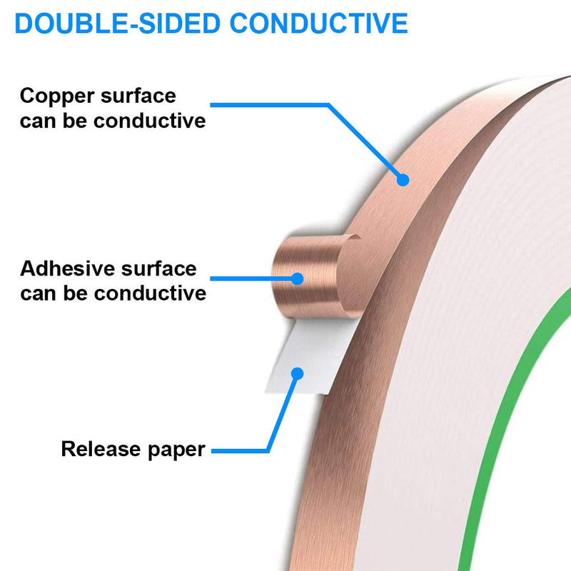 DAOKI Double-Sided Conductive Copper Foil Tape (10mm/0.39inch x 30m/98ft) 0.05mm Thickness for Guitar & EMI Shielding,Electrical Repairs,Soldering with 1.5m/60inch Measuring Tape 10MM X 30M