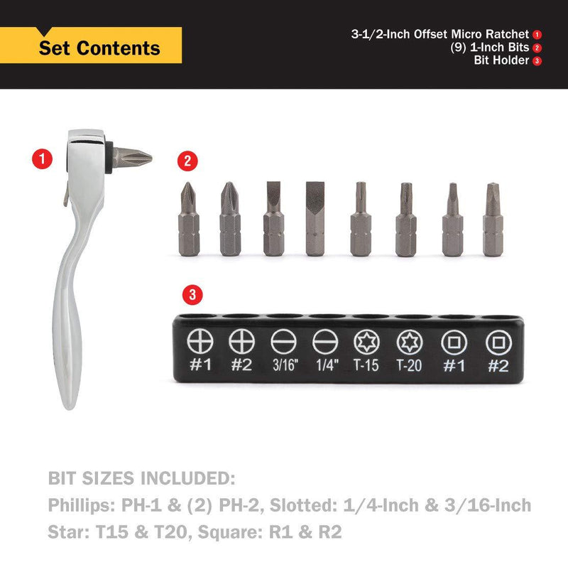 Titan 11205 3-1/2-Inch Offset Micro Ratcheting Bit Driver and Bit Set Offset Bit Driver w Bits