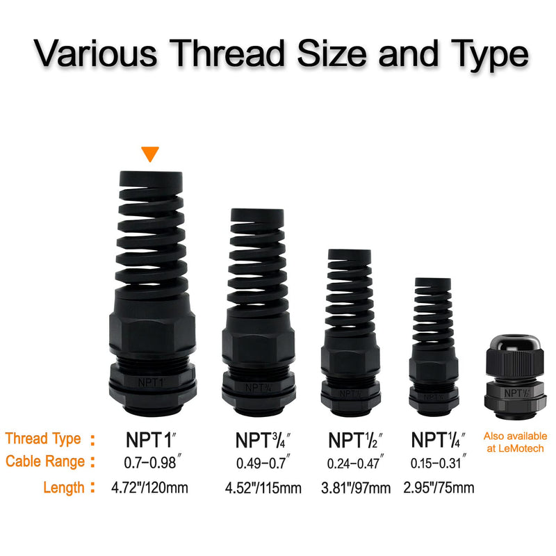 LeMotech 2Pcs NPT 1" IP68 Waterproof Cable Gland Flex Spiral Strain Relief Black Nylon Joint with Gaskets for 18-25mm Wire Thread NPT 1" (2-Pack)