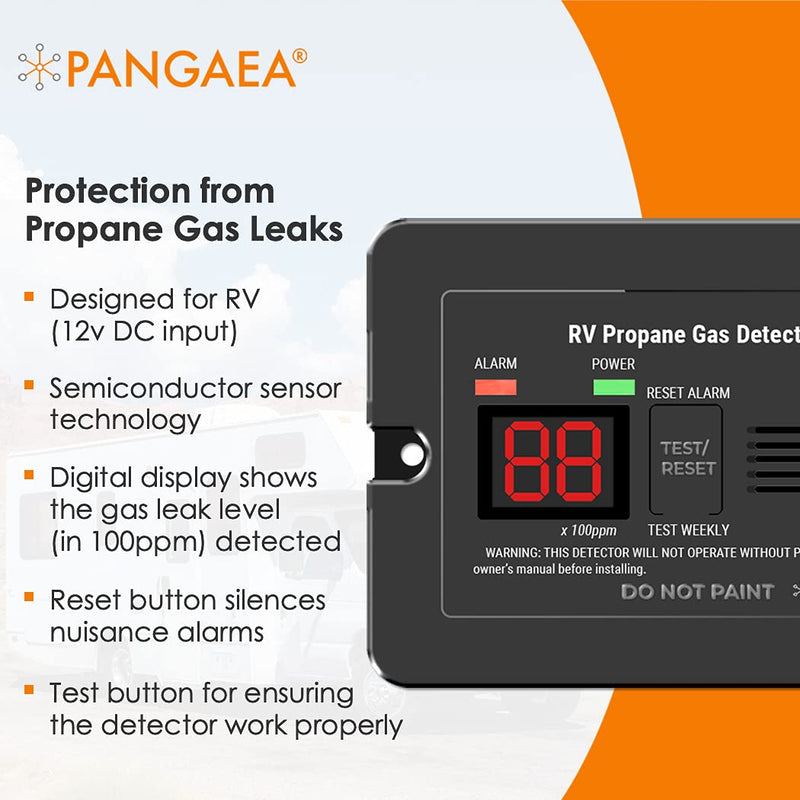 PANGAEA Digital RV Propane Gas Detector with 85dB Loud Alarm, DC 12V, for Trailer, Motorhome, Motorcoach (Flush Mount - Black) Flush Mount - Black