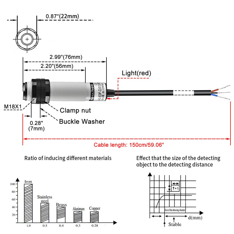 Heschen M18 Column Infrared Photoelectric Proximity Switch, Diffuse Reflection Type, E3F-DS100P2, Detection Distance 10-100CM, 10-30VDC 200mA, PNP Normally Closed (NC), 3 Wires