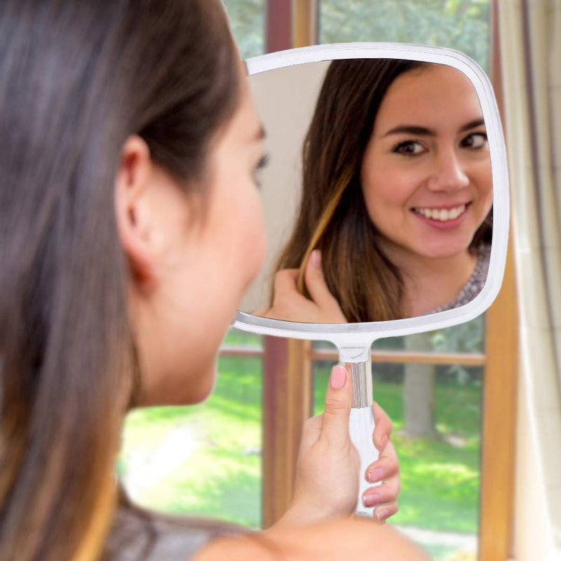Mirrorvana Large & Comfy Hand Held Mirror with Handle - Professional Salon Model in White (1-Pack)