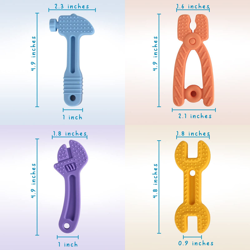 Fu Store 4 Pack Soft Silicone Teething Toys for Toddlers Infant Hammer Wrench Spanner Pliers Tools Shape Baby Teethers Relief Soothe Babies Gums Set (Hammer Set) 4 Pack Hammer Set