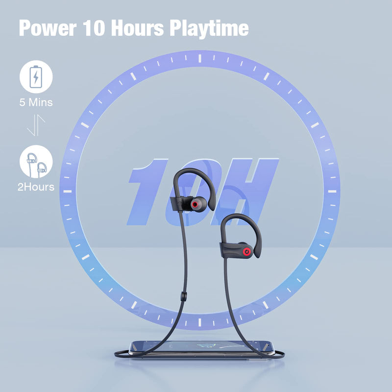 Bluetooth Headphones, Running Wireless Earbuds with 10 Hours Playtime, HD Deep Bass Stereo IPX7 Waterproof Earphones for Workout and Sports, Bluetooth 5.1 CVC 6.0 Noise Cancelling Headsets Black