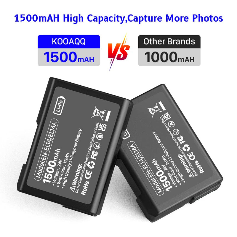 KOOAQQ EN-EL14/EL14A Camera Battery 7.4V 1500mAh Rechargeable Batteries for D3200,D3400,D3500,D3300,D3100,D5100,D5200,D5500,D5600,D5300,3200,3100,Grip etc Digital Camera Replacement Batteries-2 Pack 2 Pack battery