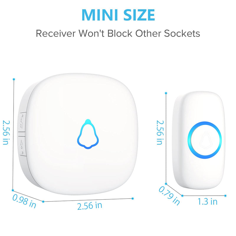 SECRUI Wireless Doorbell, Mini Door Bell with 58 Chimes 5 Volume Levels, 1 Waterproof Button 2 Plug in Receiver, White Doorbell with Led Blue light for Home/Classroom/Office 1 Push Button 2 Receivers