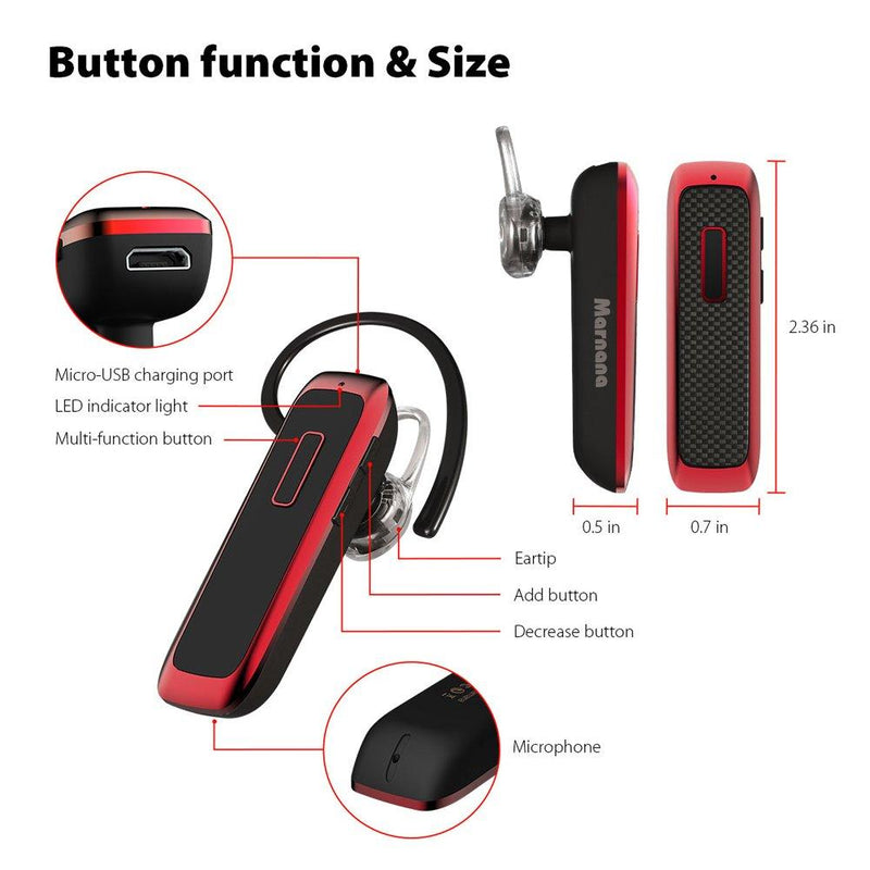 Bluetooth Headset, Marnana Wireless Bluetooth Earpiece with 18 Hours Playtime and Noise Cancelling Mic, Ultralight Earphone Hands-Free for iPhone iPad Tablet Samsung Android Cell Phone Call - Red