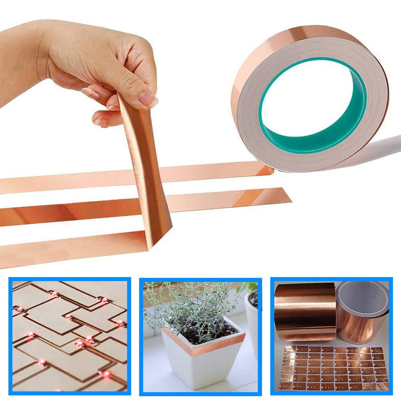 DAOKI Double-Sided Conductive Copper Foil Tape (10mm/0.39inch x 30m/98ft) 0.05mm Thickness for Guitar & EMI Shielding,Electrical Repairs,Soldering with 1.5m/60inch Measuring Tape 10MM X 30M