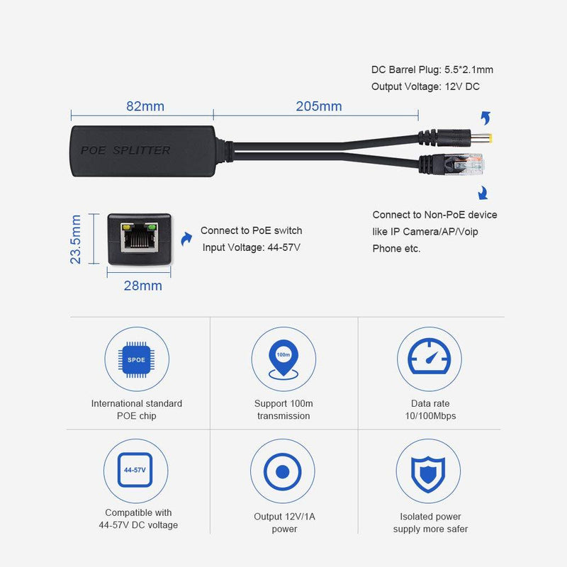 Active POE Splitter Adapter, 48V to 12V, IEEE 802.3af Compliant 10/100Mbps up to 100 Meters for Surveillance Camera, Wireless Access Point and VoIP Phone, 2-Pack 100M Active POE Splitter