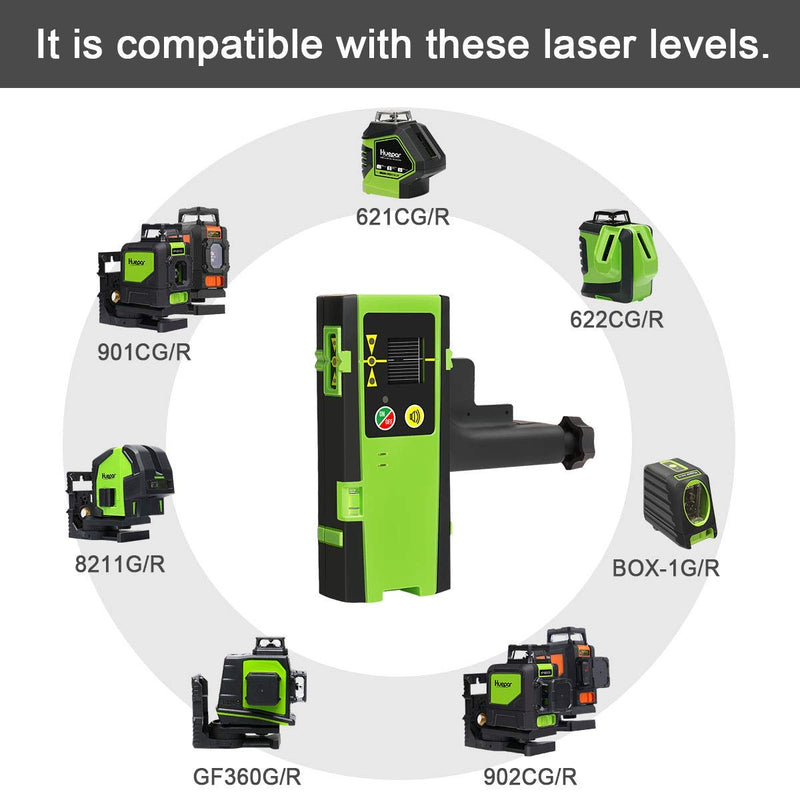 Huepar Laser Detector for Line Laser Level, Digital Laser Receiver Used with Pulsing Line Lasers Up to 200ft, Detect Red and Green Laser Beams, Three-Sided LED Displays, Clamp Included LR-6RG