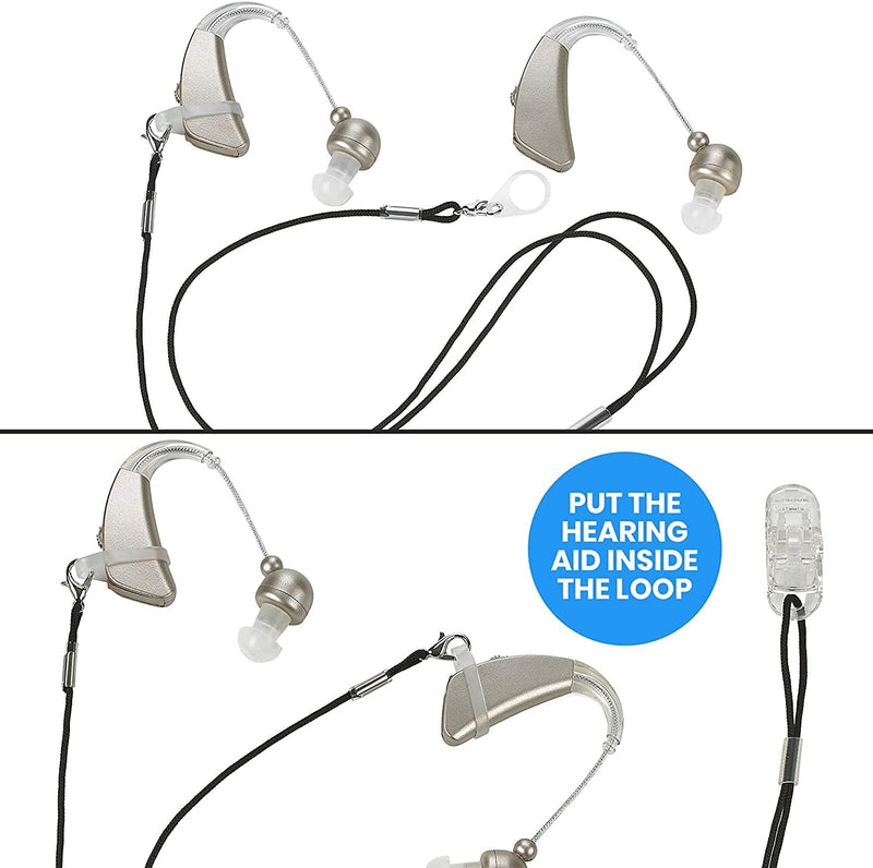 Hearing Aid Clips - Protective Holder with Anti Lost Lanyard Cord - Rope with Loops and Clip and Security Clip Ideal for Behind The Ear Hearing Aids and Personal Sound Amplifiers, (Pack of 2)