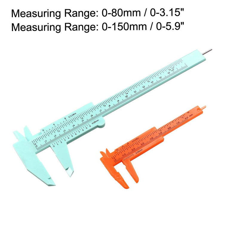 uxcell Vernier Caliper 80mm 150mm Mini Double Scale Plastic Ruler Measuring Tool Green Orange 1 Set